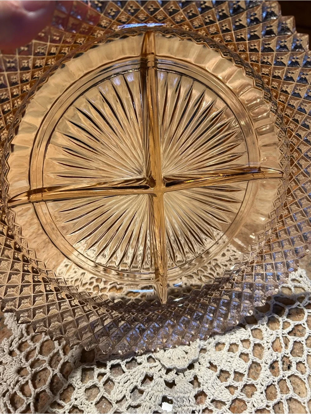 Miss America Pink Glass Divided Serving Dish 9”x9” 1930’s w/ 11” Crocheted Doily